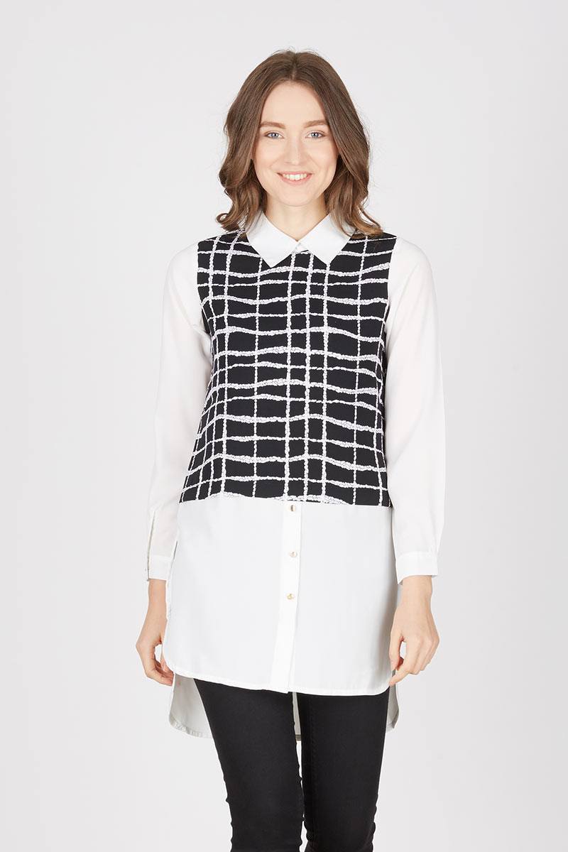 Abstract Plaid Long Blouse Combination Look 305620510