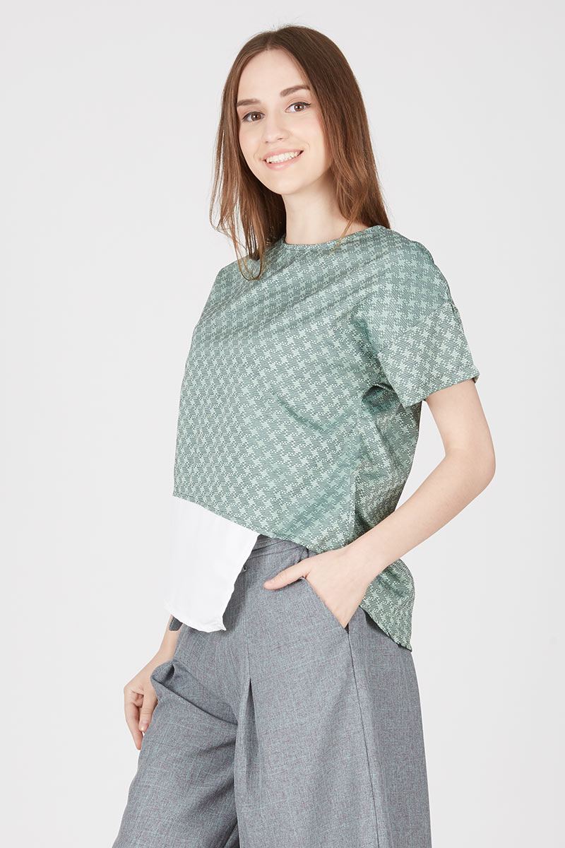 Knit Combi White Blouse in Green