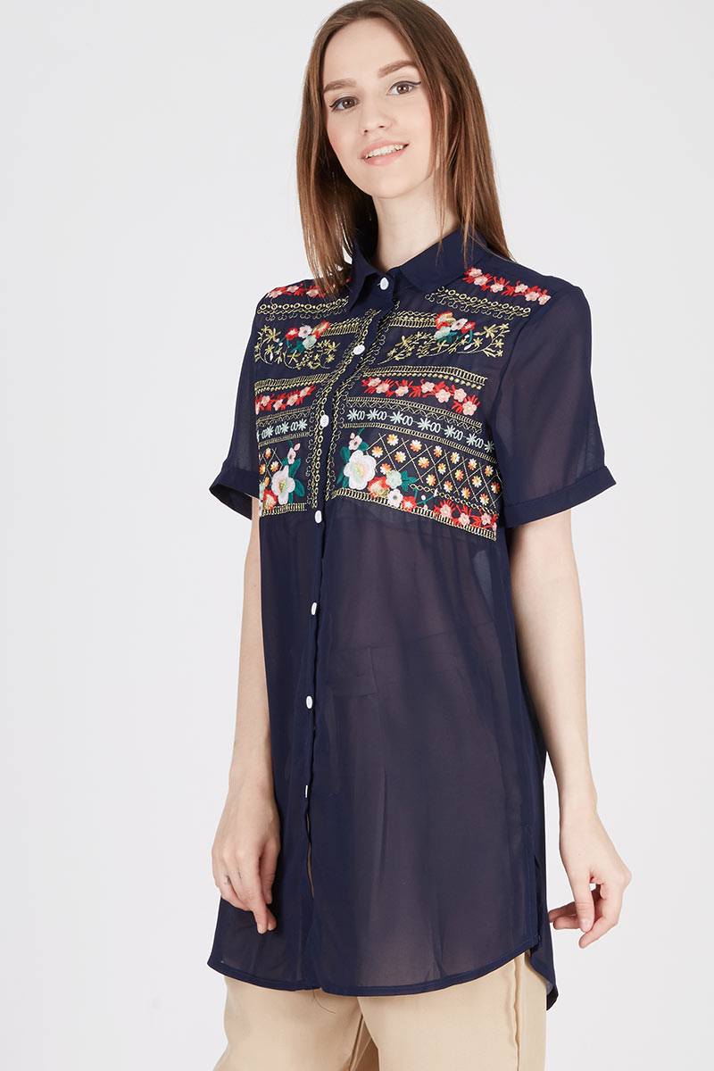EMBROIDERY SHORT SLEEVE SHIRT FLOWER PATTERN IN NAVY BLUE
