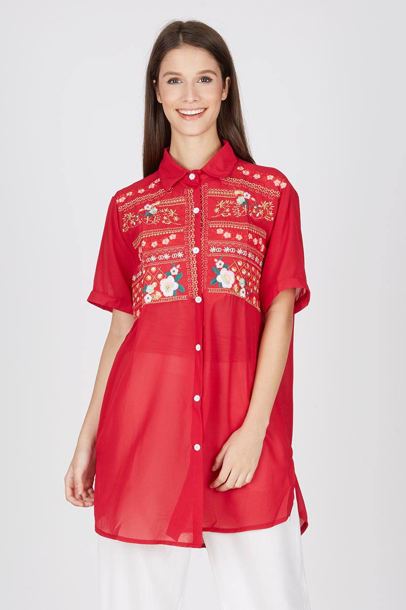 EMBROIDERY SHORT SLEEVE SHIRT FLOWER PATTERN IN RED