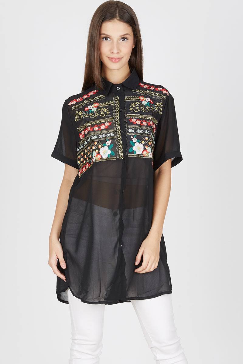 EMBROIDERY SHORT SLEEVE SHIRT FLOWER PATTERN IN BLACK