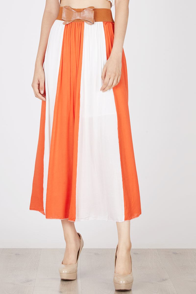 duapola Vertical Stripped A line Long Skirt Orange