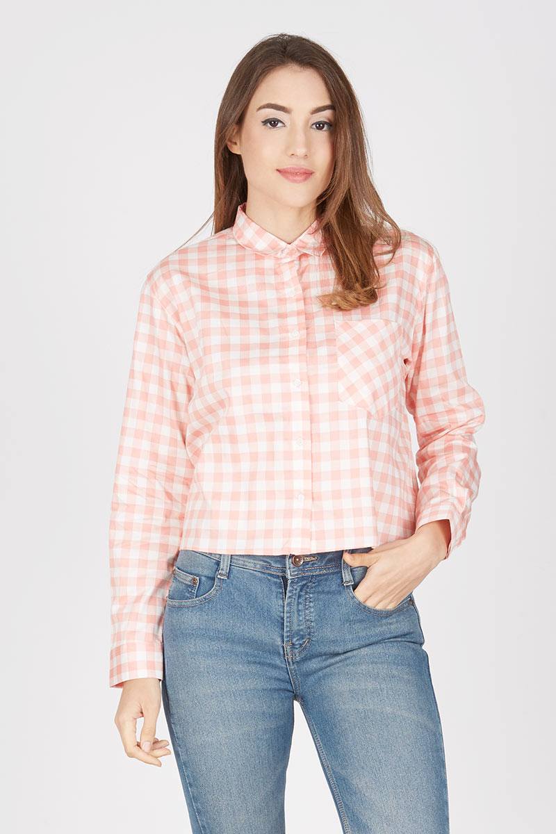 Plaid Crop Shirt Pink