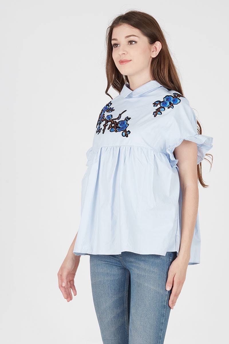 BLUE FLOWER EMBROIDERY SHIRT IN BLUE