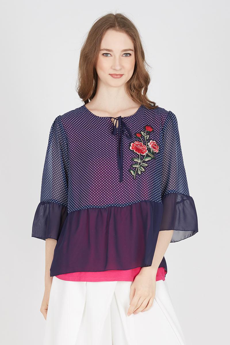 Printed Chiffon Blouse with Floral Patch