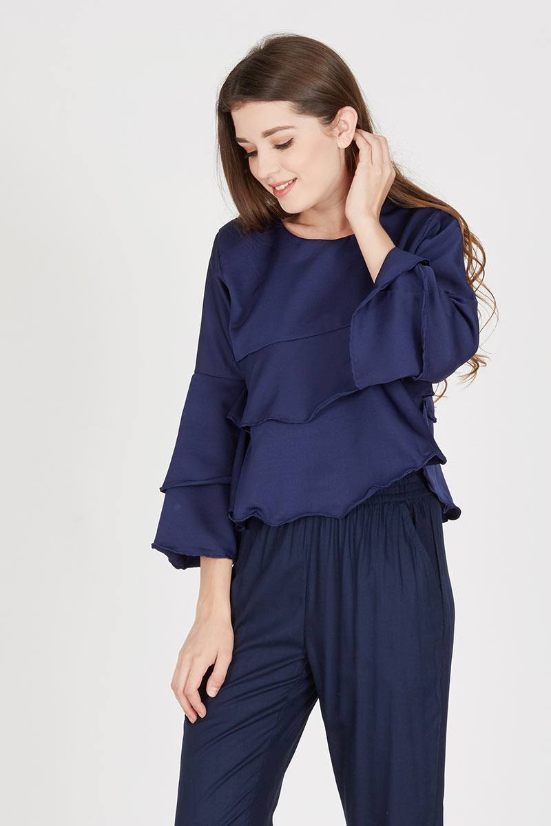Bell Ruffle Blouse in Navy