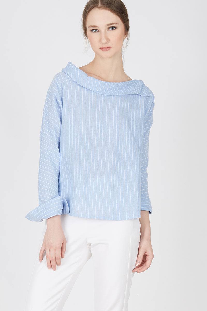 STRIPED SAILOR NECK SHIRT in Blue