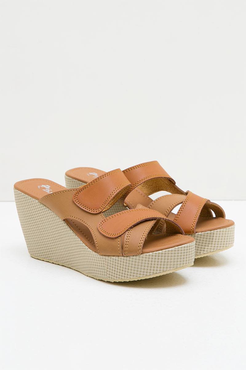Women Leather 27318 Wedges Sandals Tan