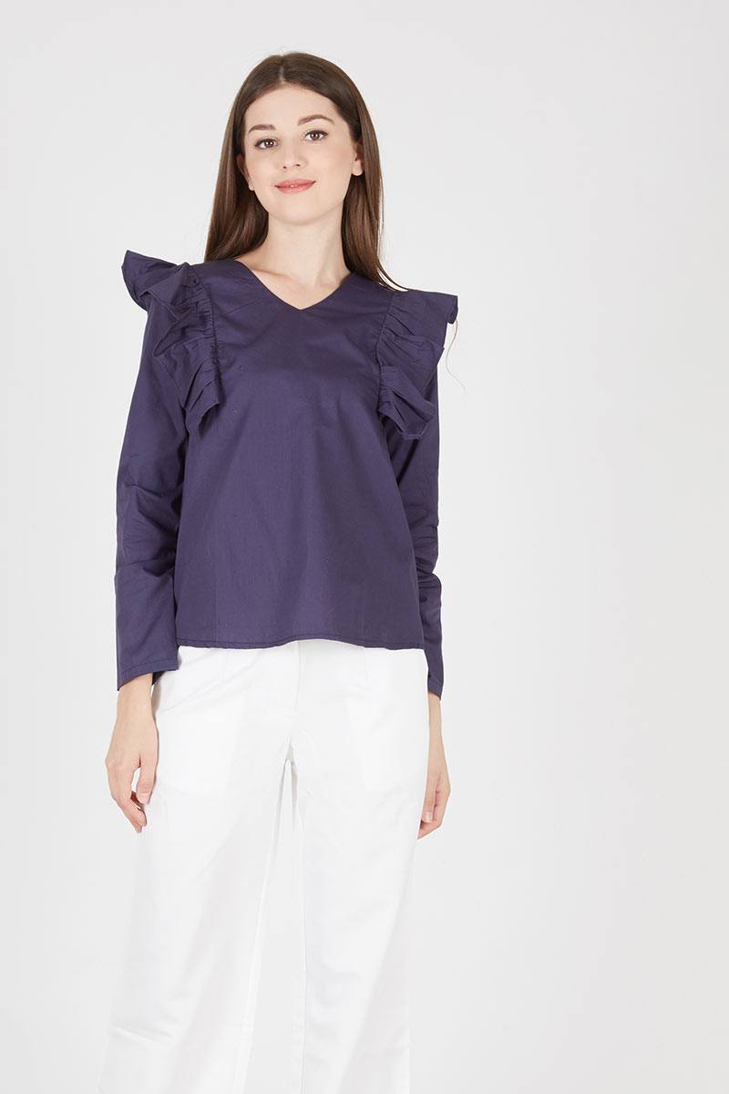 Quenzy Ruffle Blouse In Navy