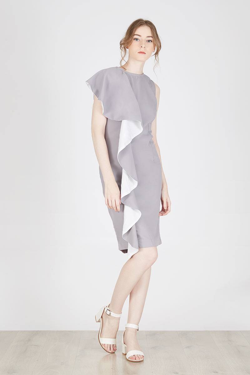 Maggy Double Ruffle Dress in Grey