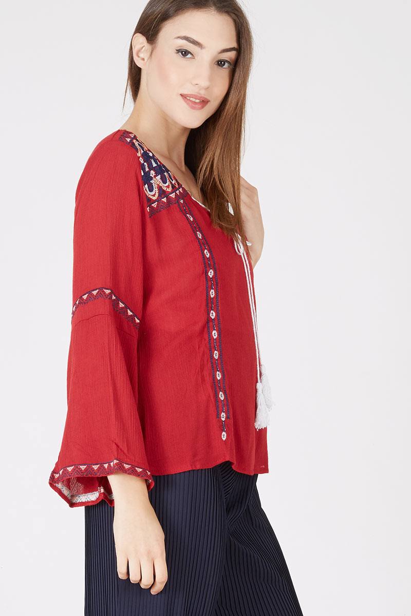 Chloe Embroidery Flowy Top In Red