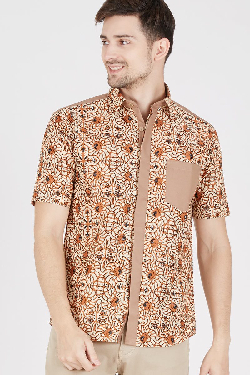 Men Shirts Batik Casual Brown