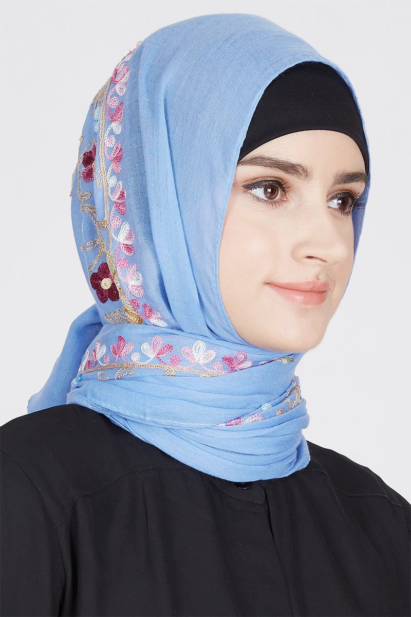 Gwen Pashmina Embroidery Flower Blue
