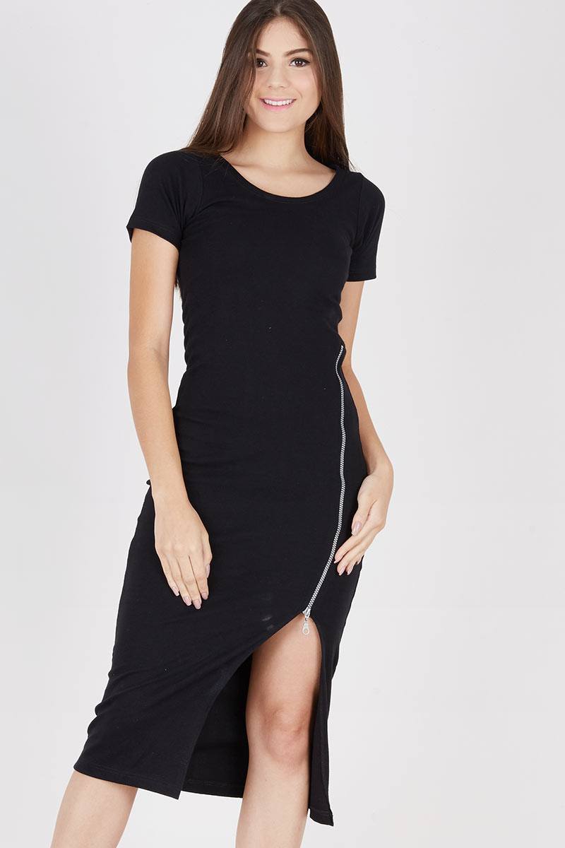 Plain Zipper Long Dress in Black