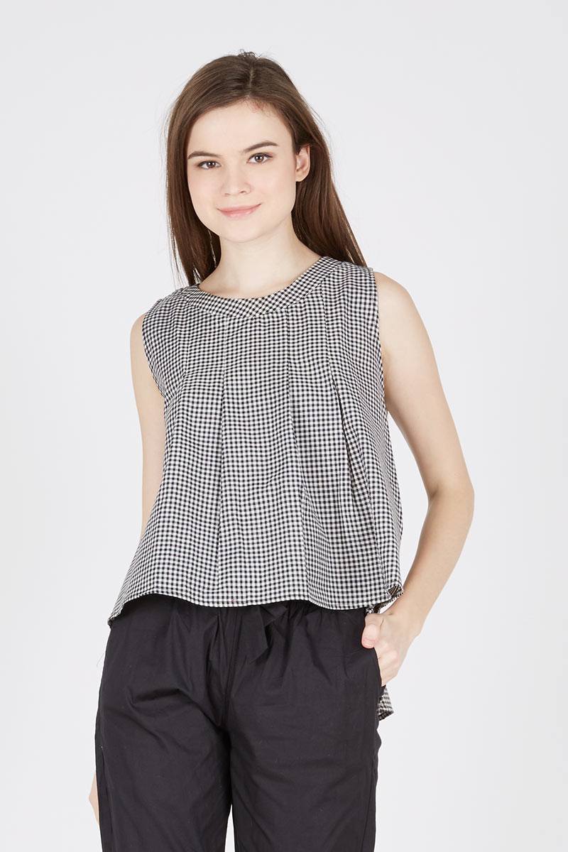 Checked Pleated Top Black