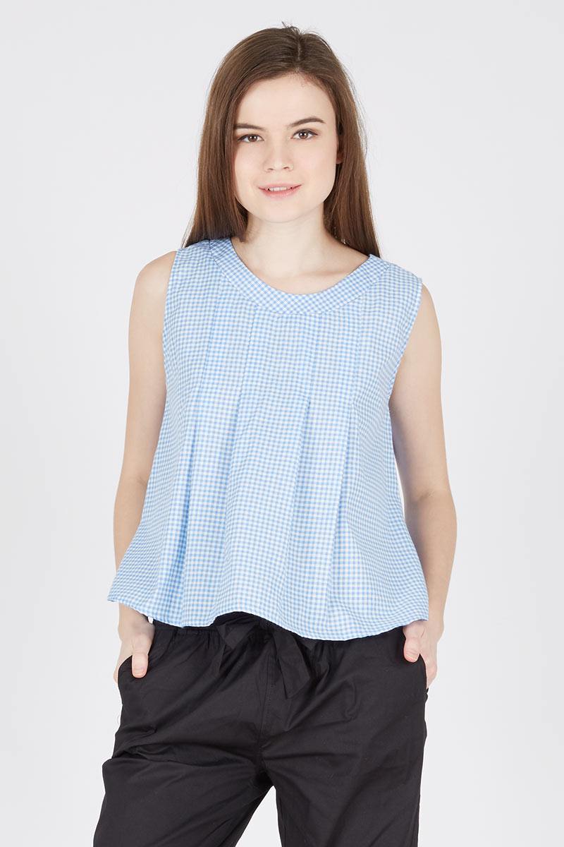 Checked Pleated Top Blue