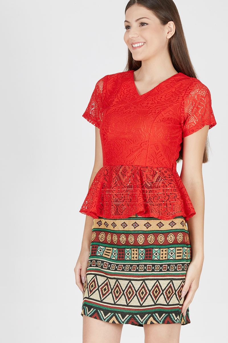 Lace Peplum Pencil Dress in Red Green