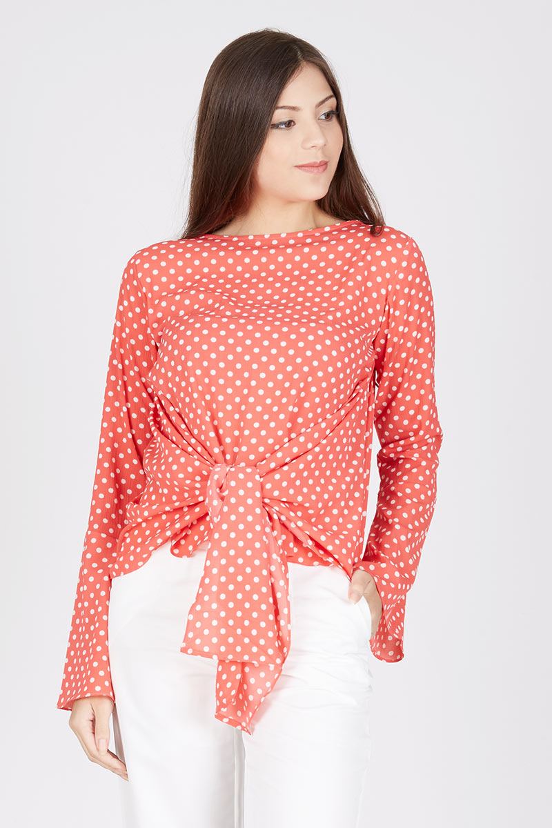 duapola Dot Front Tied Long Sleeves Blouse Pink