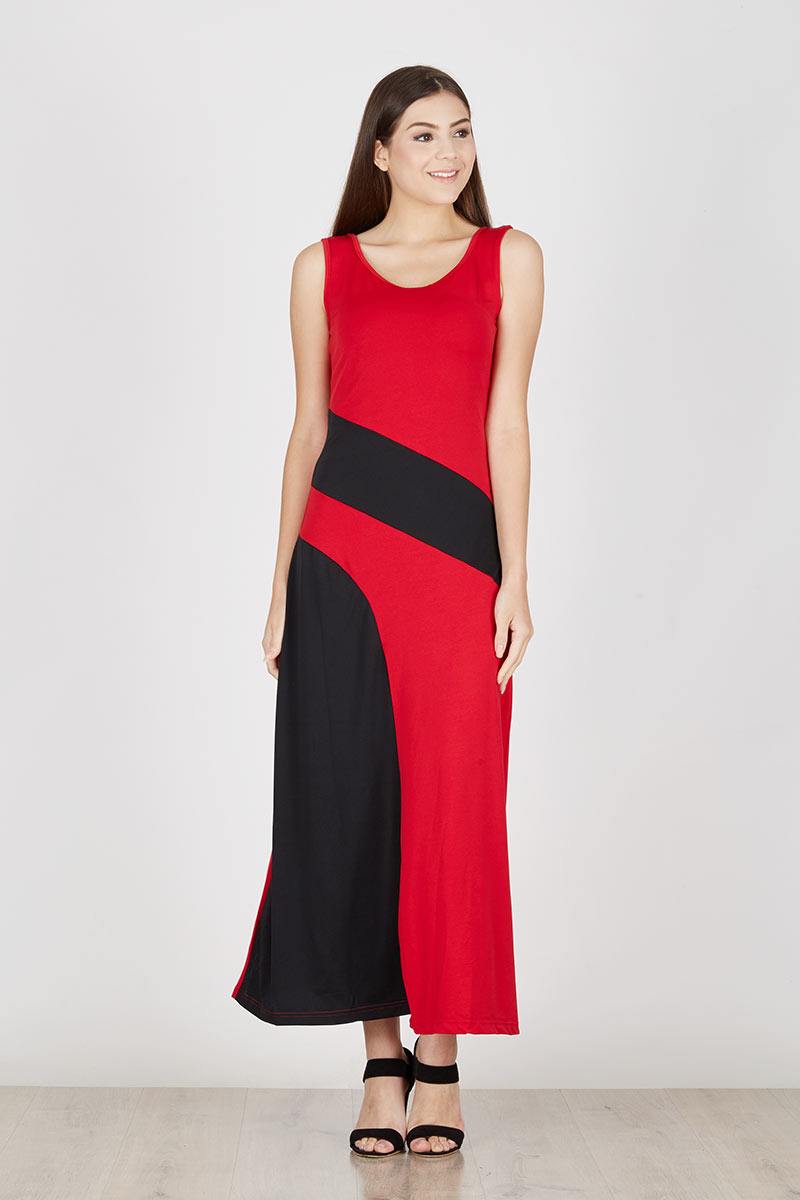 duapola Block Combination Long Dress Red
