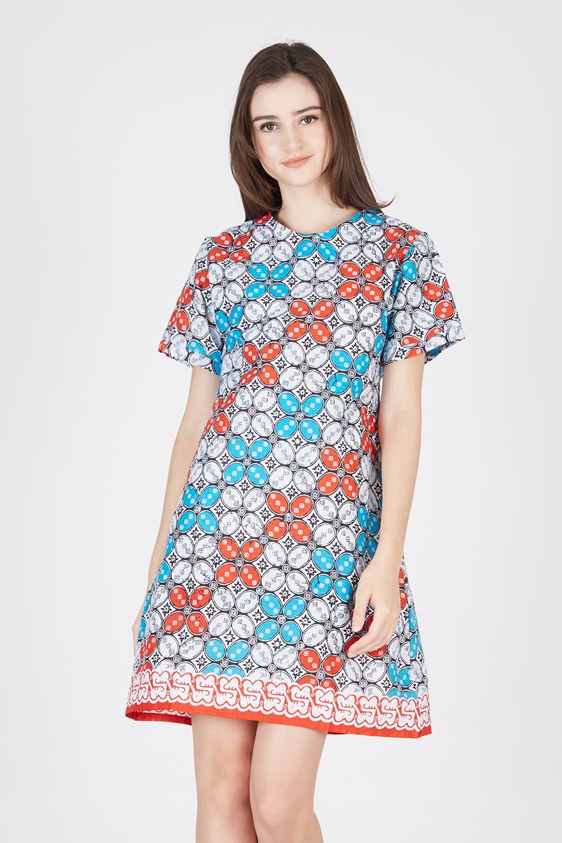 Red Blue Kawung Motif Coletan Shift Batik Dress