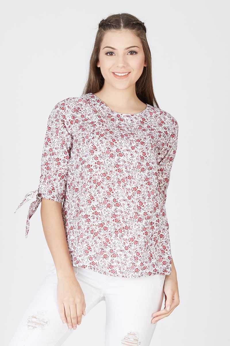 MARIA MAROON Floral Blouse with Tie at Sleeve Opening 329480 018 04