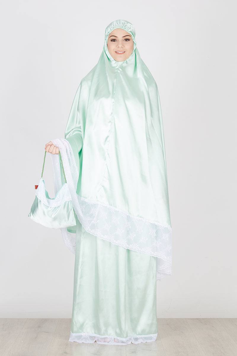 Mukena Khadeejah Classic Mint Green White Lace