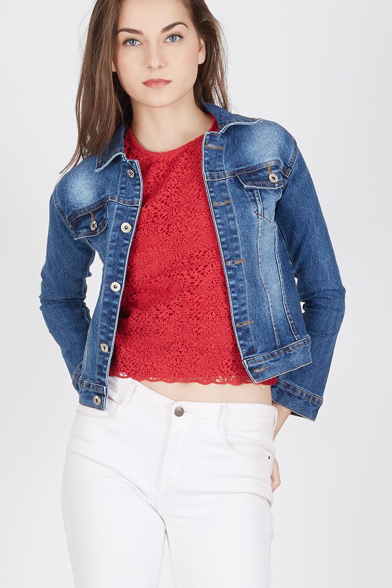 DINDA DENIM JACKET WITH WHITE LACE TOP IN BLUE RED