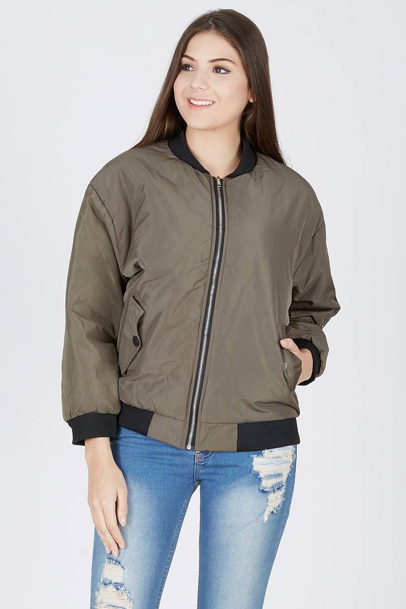 Puffy Bomber with Arm Zipper in Green