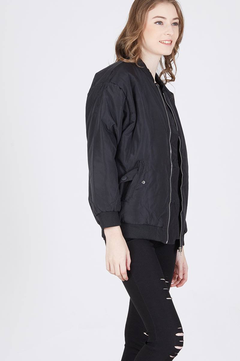 Puffy Bomber with Arm Zipper in Black