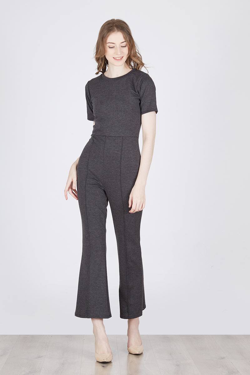 Bell Bottom Plain Jumpsuit in Grey