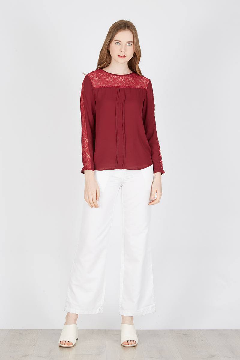 MACY BLOUSE WITH CONTRAST BROCADE RED