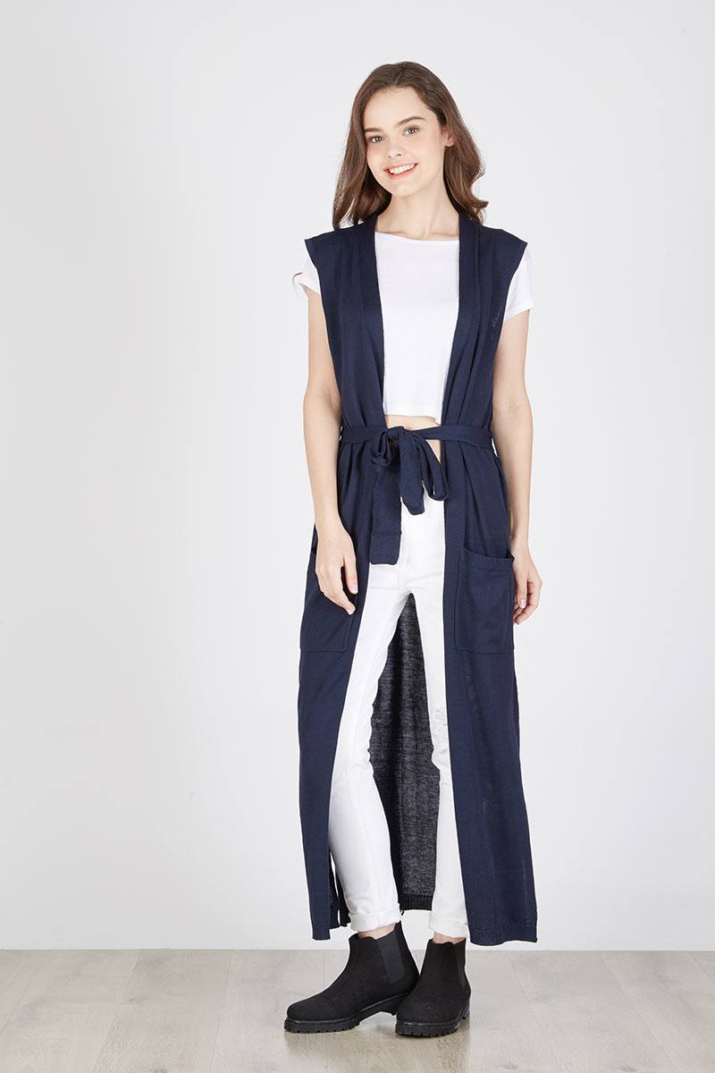 MAXI VEST BELTED COTTON CARDIGAN IN NAVY
