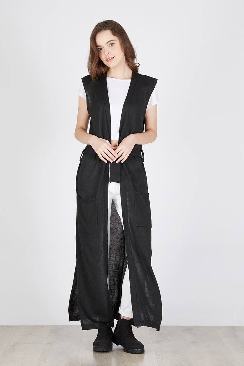 MAXI VEST BELTED COTTON CARDIGAN IN BLACK