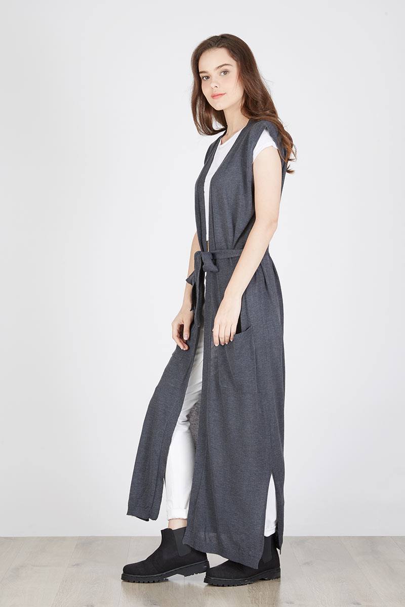 MAXI VEST BELTED COTTON CARDIGAN IN DK GREY