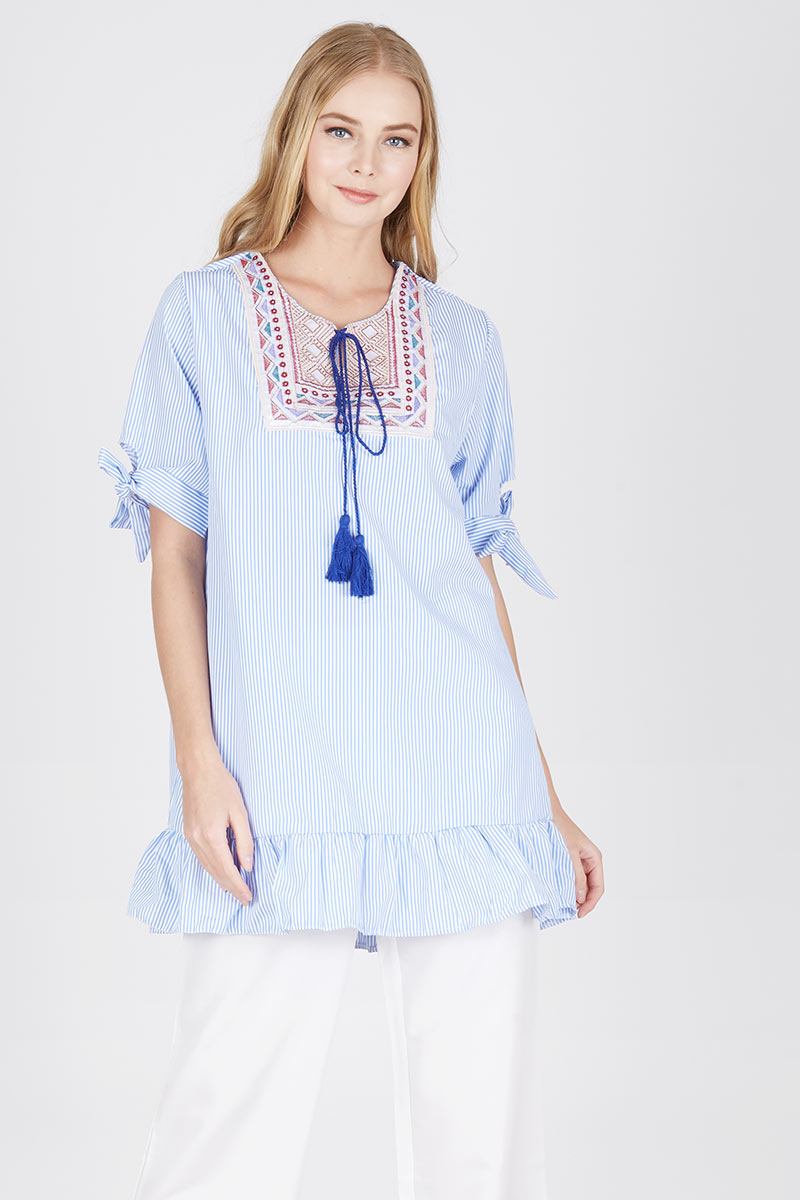 Embroidery and Stripe Blouse in Blue
