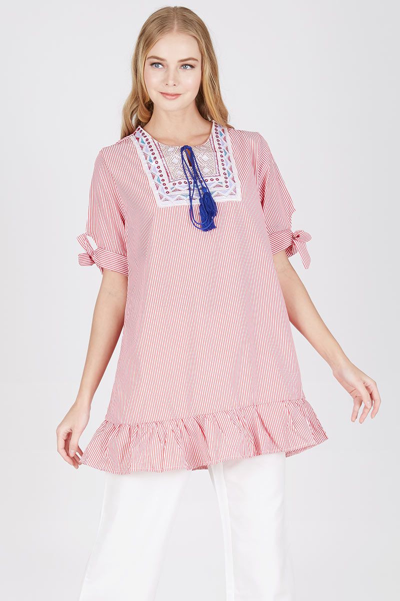 Embroidery and Stripe Blouse in Pink