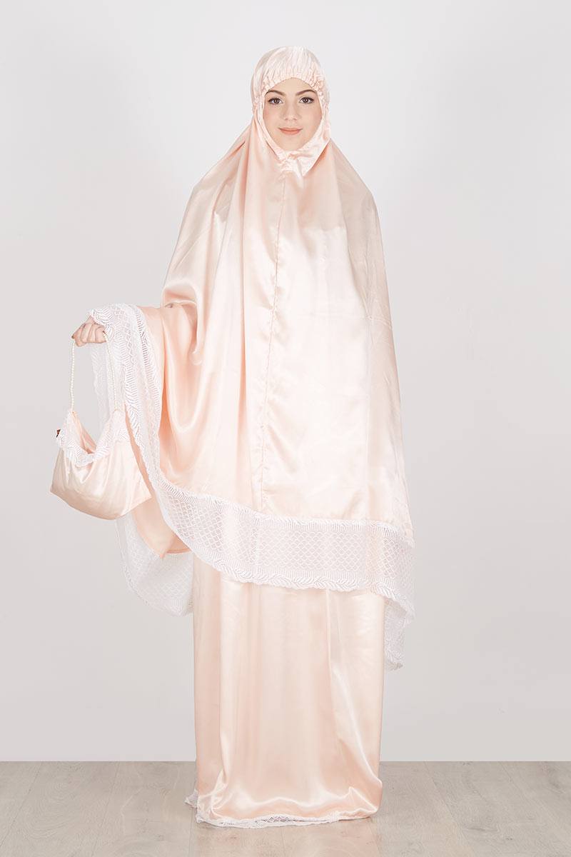 Mukena Khadeejah Classic Peach White Feathers Accent Lace