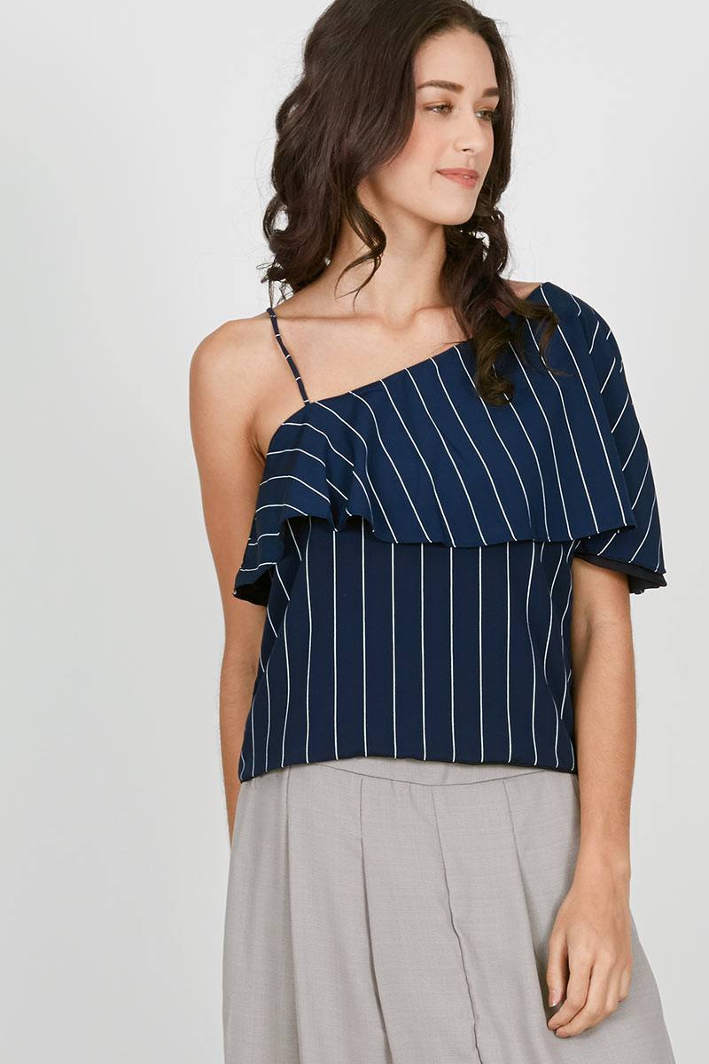 DR One Shoulder Crop Top with Ruffle Navy