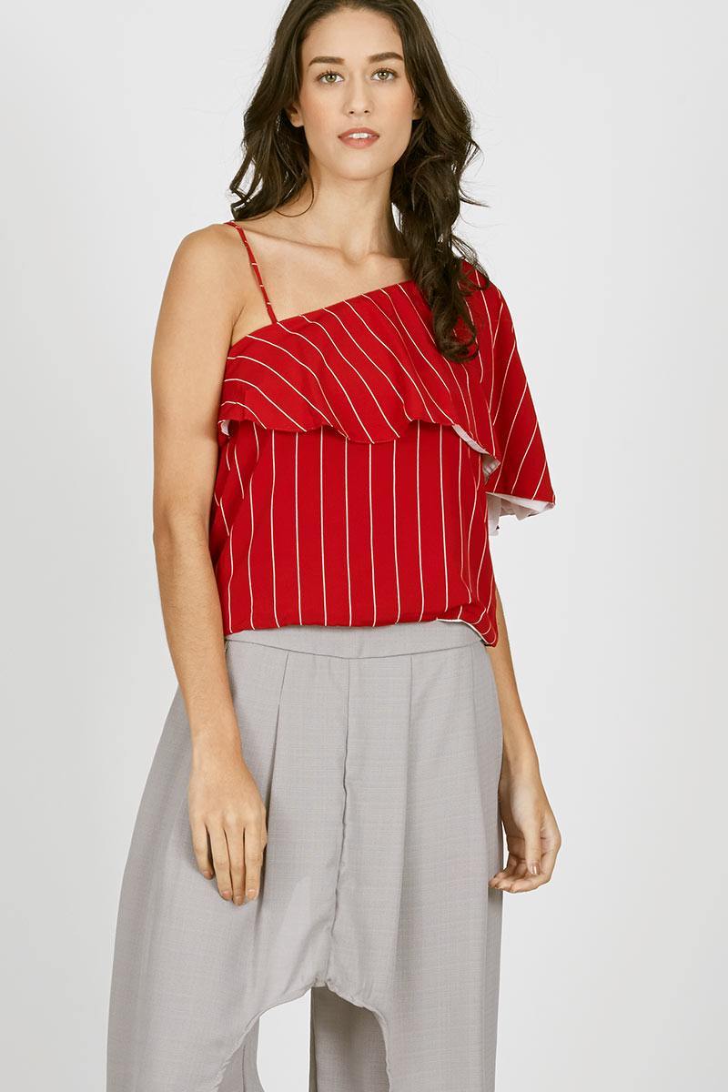 DR One Shoulder Crop Top with Ruffle Red